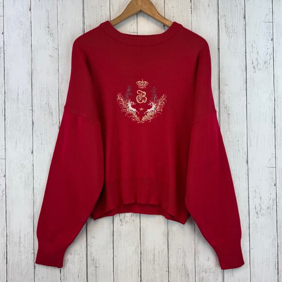 VTG Bogner Red Wool Blend Embroidered Crest Crown Deer Ski Sweater Size Large - Picture 2 of 13